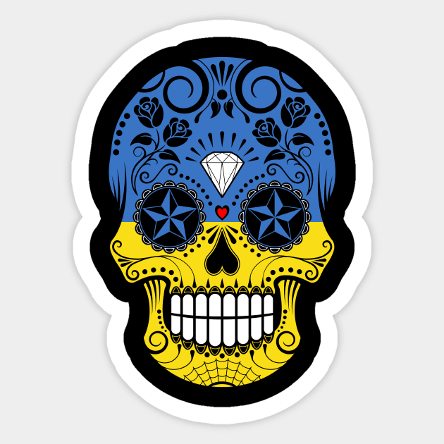 Ukrainian Flag Sugar Skull with Roses Sticker by jeffbartels